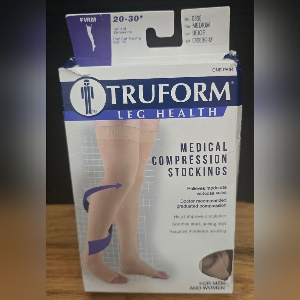 Truform Classic Open-Toe FIRM Thigh High Medical Compression Stockings Beige NEW